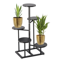 Suport pentru flori cu structura metalica, 5 niveluri, cu rafturi rotunde, 47x47x80 cm, negru