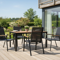 Masa de gradina, cadru otel, blat polywood cu aspect lemn, 150x90x73 cm, negru si maro natur