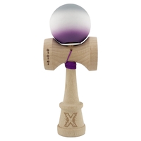 Kendama X Originala, Profesionala, Flippy, Rubber Grip, Cupe Mari KING SIZE V3, Gaura in Baza, Rulment Metalic, din lemn 18 cm, Ata 62/65 cm, Gradient Gri/Alb/Mov