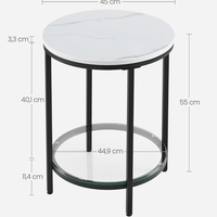 VASAGLE Masa rotunda, cu cadru de otel, noptiera, 45x55cm, negru cu blat alb aspect marmura