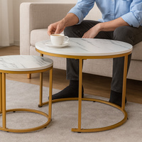 Set 2 masute cafea suprapozabile, MDF si metal, 60x50 cm si 40x40 cm, alb marmura si auriu