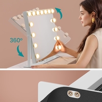SONGMICS Oglinda machiaj cu iluminare LED, 3 culori lumina, suport telefon, porturi USB, zoom 10x, 58x43 cm, alb
