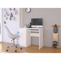 Birou computer PIKSEL, cu sertar, dulap si raft pentru tastatura, stanga, 90x50x77 cm, alb