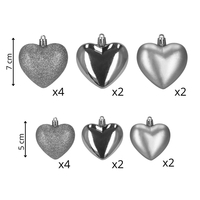 Set globuri decorative in forma de inima, 16 bucati, plastic, 4-7 cm, argintiu