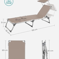 SONGMICS Sezlong pliabil, cu parasolar, spatar reglabil in 5 pozitii, maxim 150kg, 193x55x31cm, taupe