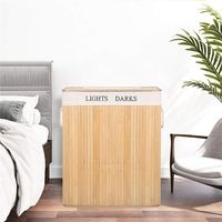 Cos de rufe cu capac si 2 compartimente, sac textil detasabil, 105 litri, 52x33x63 cm, bambus natural