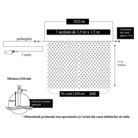 Instalatie Craciun, Tip Plasa, 10.5 m x 1.5 m, 840 LED-uri, Alb cald, 8 jocuri de lumini, Transformator, Interconectabila, Prelungitor 3 m inclus, Fir transparent, Vafy
