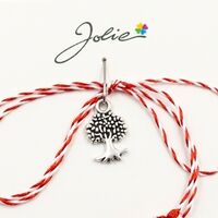 Martisor Traditional, Jolie, Model Copac, cu Snur Impletit Alb/Rosu, 8.5 x 5.5 cm, Argintiu