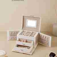 SONGMICS Cutie de bijuterii cu 3 niveluri, oglinda, incuietoare cu maner, 2 sertare, 14x18x14cm, alb