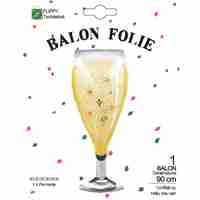 Balon din Folie Metalizata, Flippy, Figurina Pahar de Sampanie, Tema Aniversare, 100x40 cm, Ambalaj Individual, Pai Inclus, Umflare cu Aer sau Heliu, Auriu