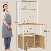 VASAGLE Raft bucatarie cu 4 prize, blat de lucru 90 cm, raft microunde, dulap si carlige, 40x60x170 cm, alb si stejar