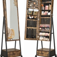 SONGMICS Oglinda de podea cu suport mobil pe roti, spatiu de depozitare, 42x37x153 cm, maro rustic