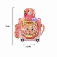 Sticla cu pai pentru copii, Flippy, model ursulet, gradata, stickere aplicate, curea reglabila, din plastic rezistent la cadere, 1l, Roz, 20 x 13 cm