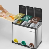 SONGMICS Cos de gunoi din inox cu 3 compartimente colectare selectiva, cu galeti interioare, 3x8litri, argintiu si negru