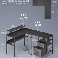 VASAGLE Birou in forma de L, suport monitor, raft si 2 sertare, 4 prize si 2 USB, 120x150x76 cm, negru