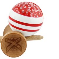 Kendama X CHICANOS Originala, Profesionala, Flippy, Big Cups V2, Super Sticky cu Cupe Mari, Rulment Metalic, din lemn 18 cm, Ata 55 cm, Rosu/Alb