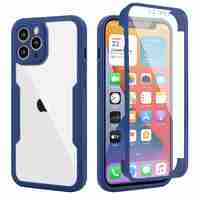 Husa Max Defence pentru iPhone 12 Pro Max, Bumper Albastru, Fata Dubla Transparenta, Protectie Antisoc Full 360 ( fata, spate, margini ), Vafy
