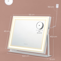 SONGMICS Oglinda machiaj cu iluminare LED, 3 culori lumina, suport telefon, 2 porturi USB, zoom 10x, 58x43 cm, alb