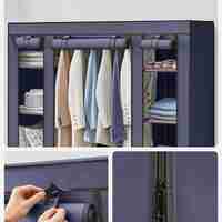 SONGMICS Garderoba din material textil, dulap portabil, cu rafturi si sina de agatat, 150x45x175cm, albastru