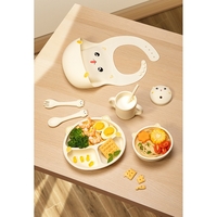 Set 5 Piese Hranire Bebelusi si Copii, Flippy, din Silicon, fara BPA, de la 12 Luni, Model Pisicuta, 28 x 26 x 2 cm, Bej