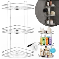 Etajera de colt pentru dus, cu 3 polite, montaj pe perete, inox, 25x25x59 cm, argintiu