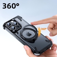 Husa de Protectie Compatibil cu iPhone 15 Pro Max, Vafy, Incarcare Wireless, Tehnologie Magsafe, Inel Magnetic Rotativ 360 cu Functie de Suport, Rama Metalica, Carcasa din PC, Negru Transparent