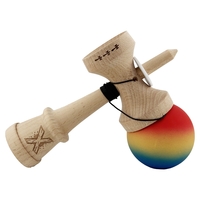 Kendama X Originala, Profesionala, Flippy, Cupe Mari KING SIZE V3, Rubber Grip, Gaura in Baza, Rulment Metalic, din lemn 18 cm, Ata 62/65 cm, Gradient Rosu/Galben/Albastru