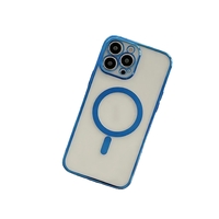 Husa MagSafe pentru Apple iPhone 14, Protectie camera, Full TPU, Margini colorate Electroplating, Magnetica, Incarcare Wireless, Vafy, Albastru