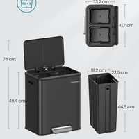 SONGMICS Cos gunoi metalic, 2 compartimente, 2x15 litri, pedala si inchidere silentioasa, negru