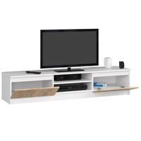 Comoda TV cu 2 usi si rafturi centrale, PAL laminat, 160x40x33 cm, alb si stejar sonoma