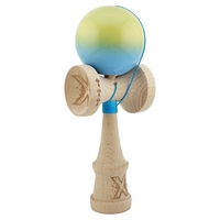 Kendama X Originala, Profesionala, Flippy, Big Cups V2, Super Sticky cu Cupe Mari, din lemn 18 cm, Rulment Metalic cu Ata 55 cm, Galben/Albastru