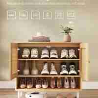 VASAGLE Raft pantofi 3 usi cu aspect ratan, cadru PAL si picioare metalice, stil boho, 80x35x70 cm, stejar bej