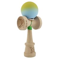 Kendama X Originala, Profesionala, Flippy, Rubber Grip, Cupe Mari KING SIZE V3, Gaura in Baza, Rulment Metalic, din lemn 18 cm, Ata 62/65 cm, Gradient Galben/Albastru deschis