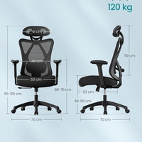 SONGMICS Scaun de birou ergonomic reglabil cu suport lombar si tetiera, maxim 120 kg, 70x70x125 cm, negru