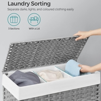 SONGMICS Cos de rufe tesut manual, cu captuseala detasabila lavabila, 3 compartimente, stil ratan, 140 litri, 66x33x60 cm, gri