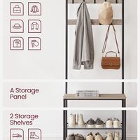VASAGLE Cuier multifunctional 70x32x175 cm, cu 9 carlige, banca si 2 rafturi pantofi, PAL si otel, gri si negru