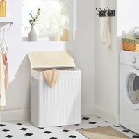 SONGMICS Cos de rufe din bambus cu capac, 2 compartimente, sac detasabil, volum 100L, 52x32x62cm, alb