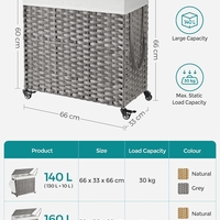 SONGMICS Cos de rufe tesut manual, cu captuseala detasabila lavabila, 3 compartimente, stil ratan, 140 litri, 66x33x60 cm, gri