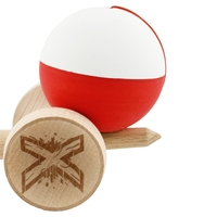 Kendama X Originala, Profesionala, Flippy, Rubber Grip, Cupe Mari KING SIZE V3, Gaura in Baza, Rulment Metalic, din lemn 18 cm, Ata 62/65 cm, Bicolor Alb/Rosu