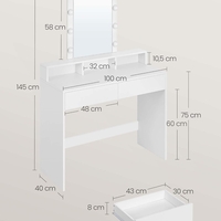 VASAGLE Masa de toaleta cu oglinda LED cu luminozitate reglabila, 2 sertare si 3 compartimente, 100x40x145 cm, alb