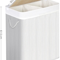 SONGMICS Cos de rufe din bambus cu capac, 2 compartimente, sac detasabil, volum 100L, 52x32x62cm, alb