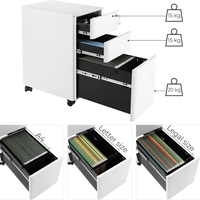 SONGMICS Dulap birou rollbox, cu 3 sertare si roti, corp metalic preasamblat cu incuietoare, pentru documente A4, 46x30x59 cm, alb