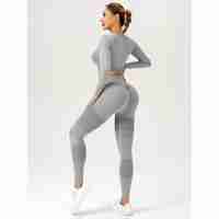 Costum Sport de Dama, Flippy, pentru Yoga, Talie Inalta, Top Scurt, Elastic, Gri, Marime L