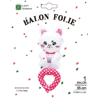 Balon din Folie Metalizata, Vafy, Figurine Animalute, Tip Bratara, Model Pisica, 13 x 35 cm, Ambalaj Individual, Pai Inclus, Umflare cu Aer sau Heliu, Alb