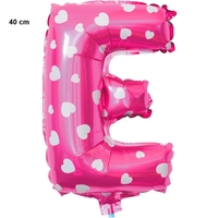 Balon Folie Metalizata Litera E, Flippy, 40 cm, Cu Imprimeu Inimioare, Umflati cu Heliu sau Aer, Ambalaj Individual, Pai inclus, Roz