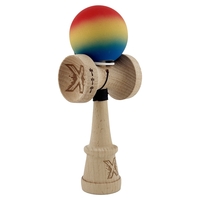 Kendama X Originala, Profesionala, Flippy, Cupe Mari KING SIZE V3, Rubber Grip, Gaura in Baza, Rulment Metalic, din lemn 18 cm, Ata 62/65 cm, Gradient Rosu/Galben/Albastru