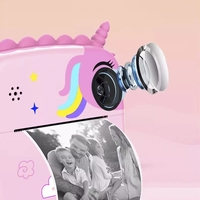 Camera Instantanee pentru Copii, Flippy, Camera Frontala + Selfie, cu Functie de Printare, Cablu USB-C, Bluetooth, Compatibil iOS/Android, Model Unicorn, Snur Inclus, Roz