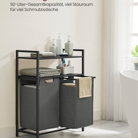 VASAGLE Cos de rufe, cu 2 saci detasabili, 2 rafturi, capacitate de 46L per sac, 73x33x92cm , negru si gri