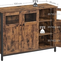 VASAGLE Comoda cu 3 usi din sticla, cadru metalic, stil industrial, 35x100x75 cm, maro rustic