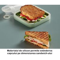 Caserola pentru sandwich Flippy, din silicon si polipropilena, portabil, usor de curatat, capac anti-scurgere, reutilizabil, 15.5 x 15.5 x 2.5 cm, verde